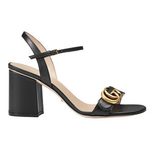 Gucci Marmont Black Leather Gold GG Logo Block Heel Ankle Strap Pump Sandal 40